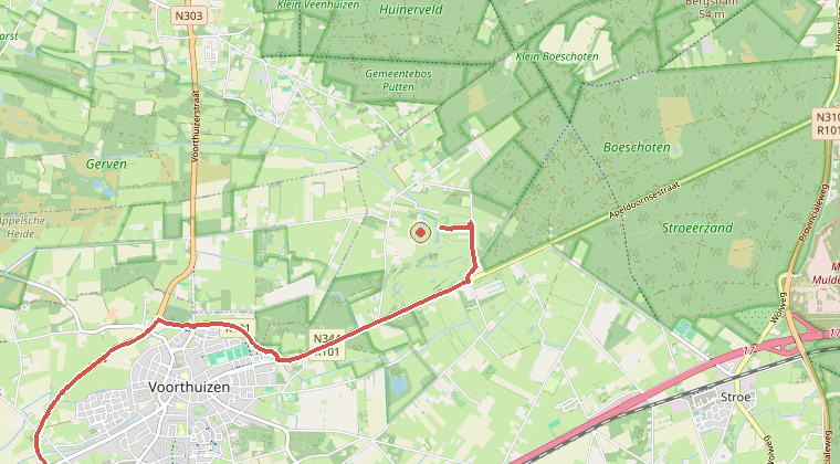 Kaart van de omgeving van de melding, met de kazerne die is gealarmeerd