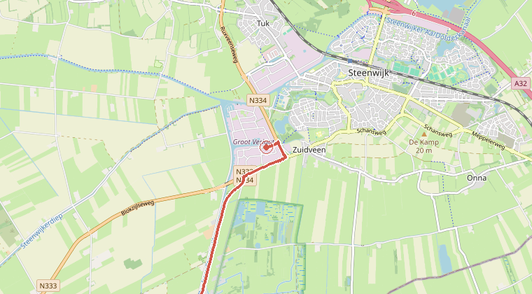 Kaart van de omgeving van de melding, met de kazerne die is gealarmeerd