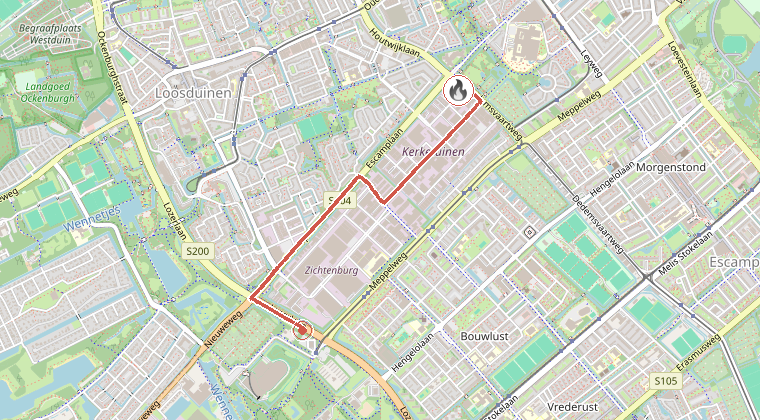 Kaart van de omgeving van de melding, met de kazerne die is gealarmeerd