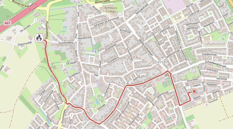 Kaart van de omgeving van de melding, met de kazerne die is gealarmeerd
