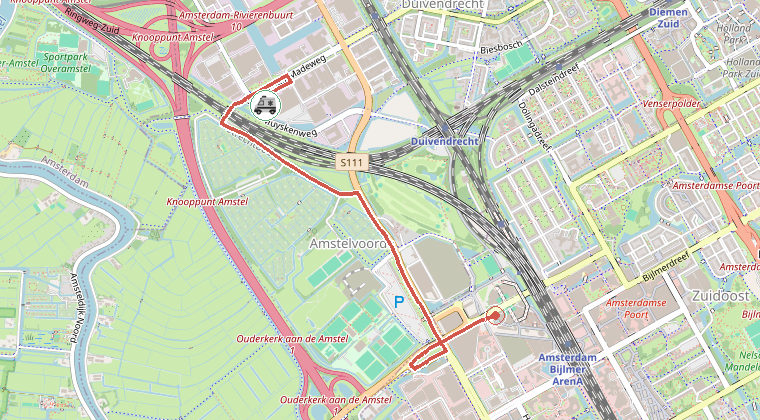 Kaart van de omgeving van de melding, met de kazerne die is gealarmeerd