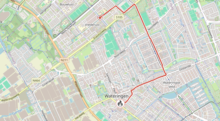 Kaart van de omgeving van de melding, met de kazerne die is gealarmeerd