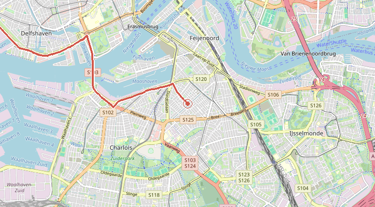 Kaart van de omgeving van de melding, met de kazerne die is gealarmeerd