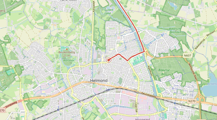 Kaart van de omgeving van de melding, met de kazerne die is gealarmeerd