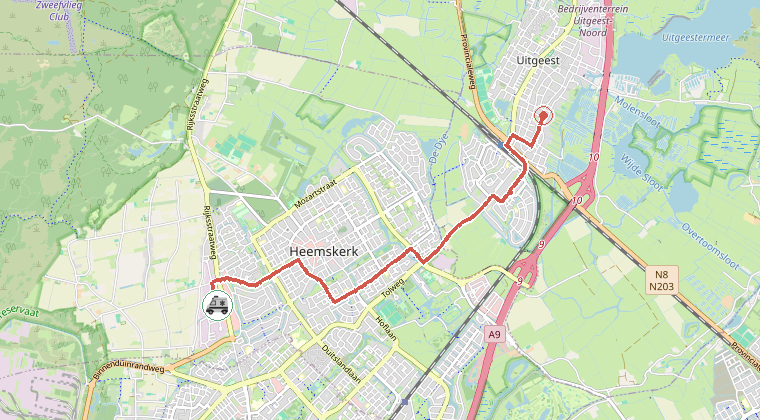 Kaart van de omgeving van de melding, met de kazerne die is gealarmeerd