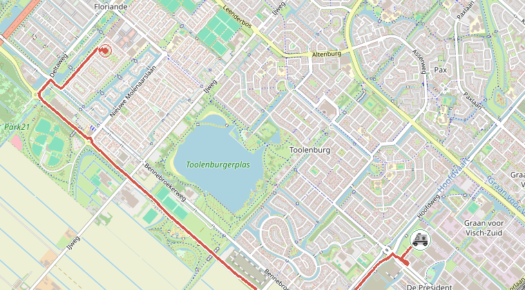 Kaart van de omgeving van de melding, met de kazerne die is gealarmeerd