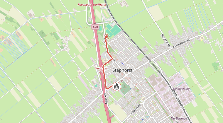 Kaart van de omgeving van de melding, met de kazerne die is gealarmeerd