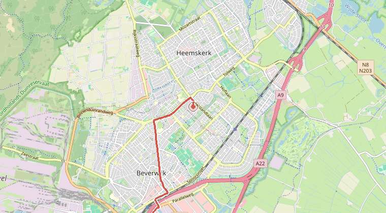 Kaart van de omgeving van de melding, met de kazerne die is gealarmeerd