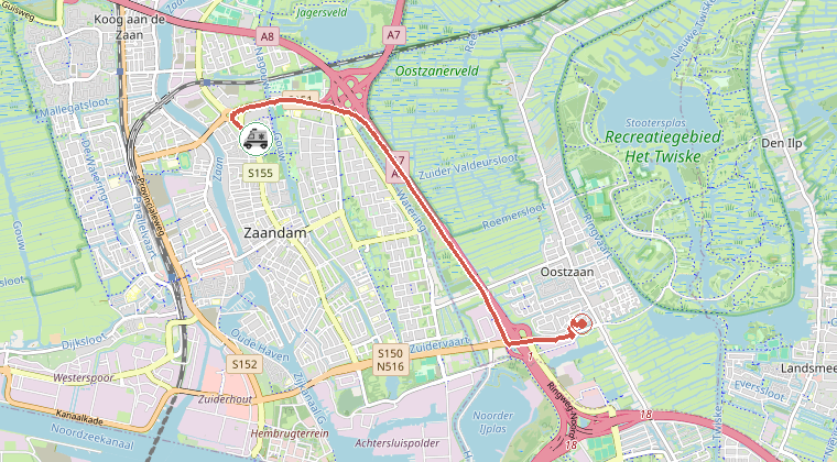 Kaart van de omgeving van de melding, met de kazerne die is gealarmeerd