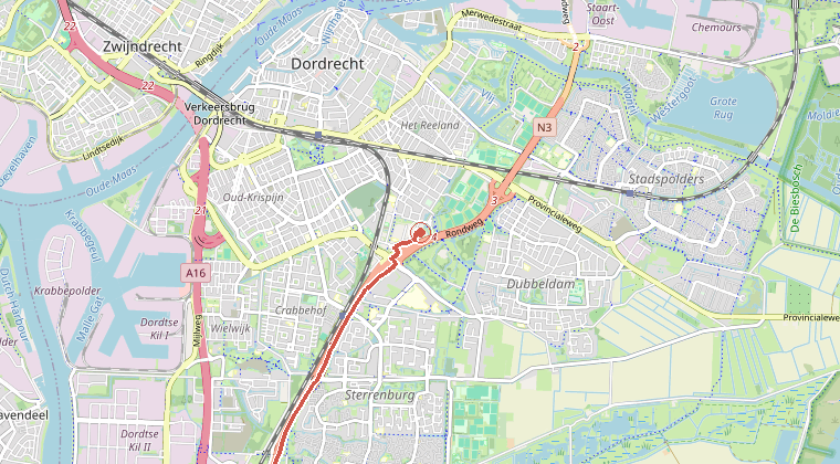 Kaart van de omgeving van de melding, met de kazerne die is gealarmeerd