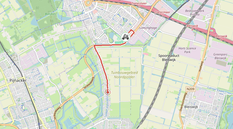 Kaart van de omgeving van de melding, met de kazerne die is gealarmeerd