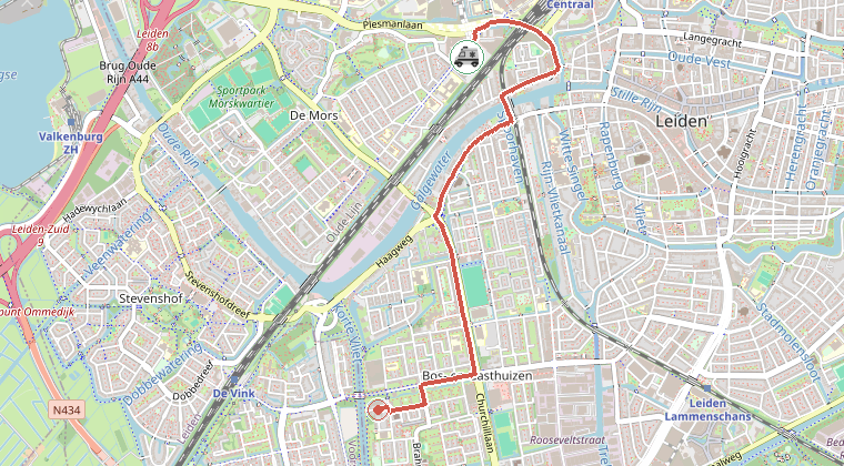 Kaart van de omgeving van de melding, met de kazerne die is gealarmeerd