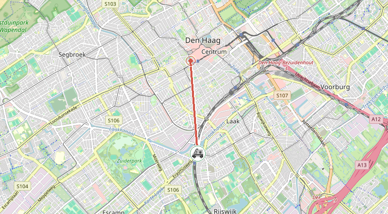 Kaart van de omgeving van de melding, met de kazerne die is gealarmeerd