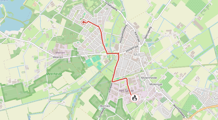 Kaart van de omgeving van de melding, met de kazerne die is gealarmeerd