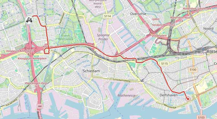 Kaart van de omgeving van de melding, met de kazerne die is gealarmeerd
