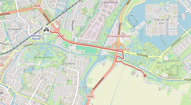 Kaart van de omgeving van de melding, met de kazerne die is gealarmeerd