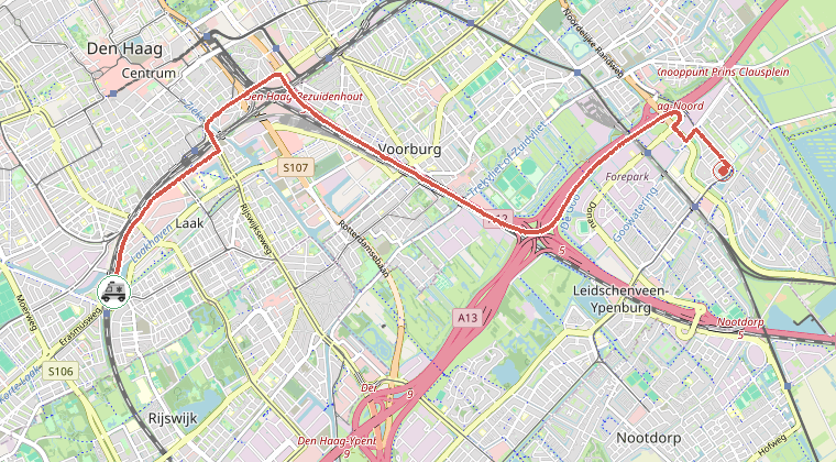 Kaart van de omgeving van de melding, met de kazerne die is gealarmeerd