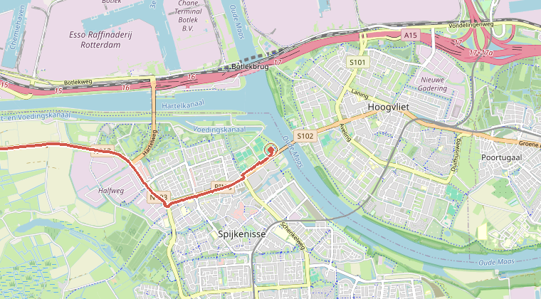 Kaart van de omgeving van de melding, met de kazerne die is gealarmeerd