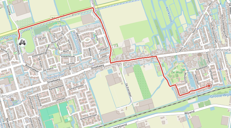 Kaart van de omgeving van de melding, met de kazerne die is gealarmeerd