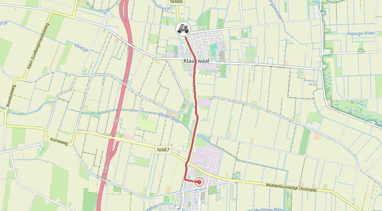 Kaart van de omgeving van de melding, met de kazerne die is gealarmeerd