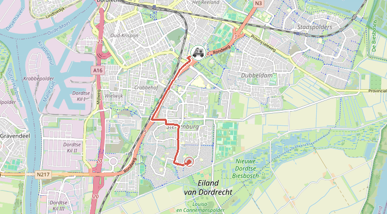 Kaart van de omgeving van de melding, met de kazerne die is gealarmeerd