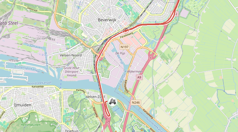Kaart van de omgeving van de melding, met de kazerne die is gealarmeerd
