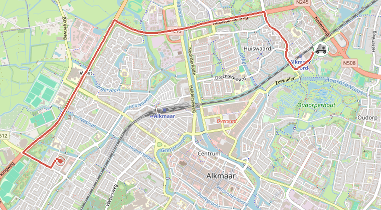 Kaart van de omgeving van de melding, met de kazerne die is gealarmeerd