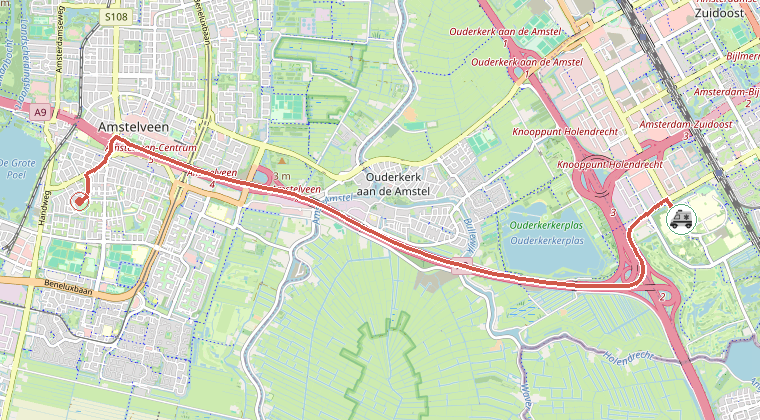 Kaart van de omgeving van de melding, met de kazerne die is gealarmeerd
