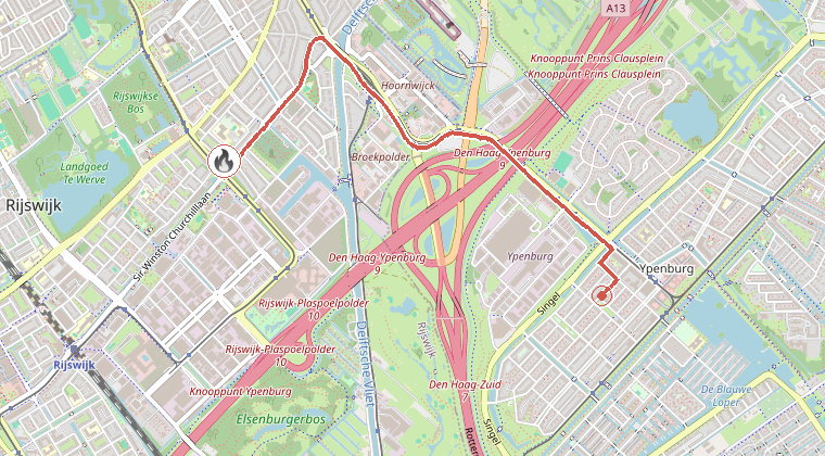 Kaart van de omgeving van de melding, met de kazerne die is gealarmeerd