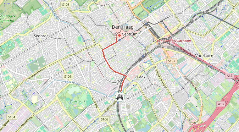 Kaart van de omgeving van de melding, met de kazerne die is gealarmeerd
