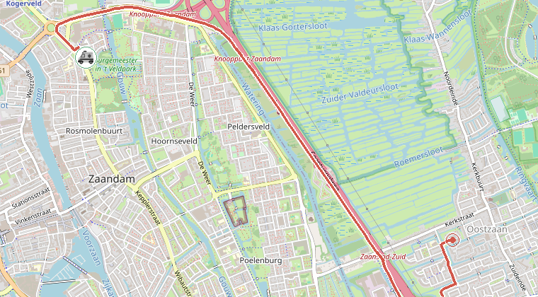 Kaart van de omgeving van de melding, met de kazerne die is gealarmeerd