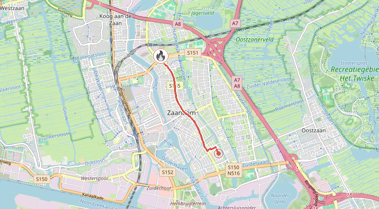 Kaart van de omgeving van de melding, met de kazerne die is gealarmeerd