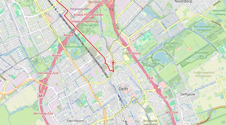 Kaart van de omgeving van de melding, met de kazerne die is gealarmeerd