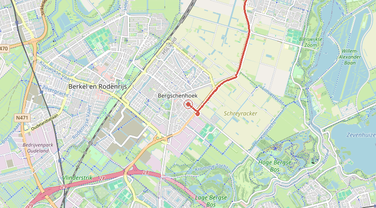 Kaart van de omgeving van de melding, met de kazerne die is gealarmeerd