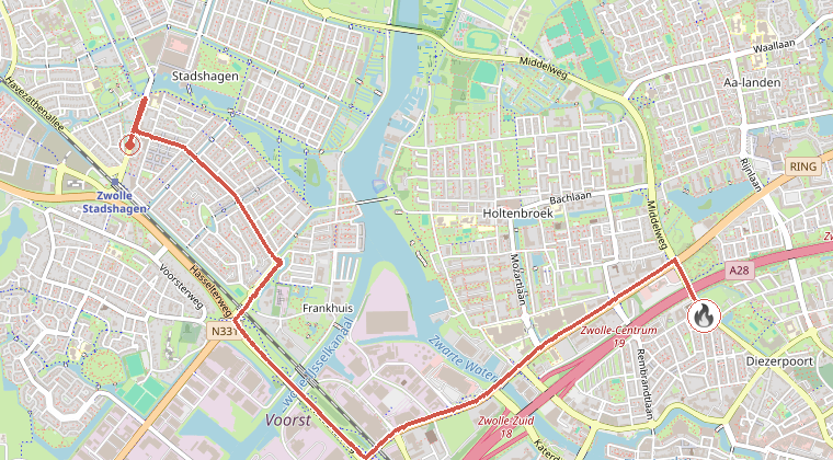 Kaart van de omgeving van de melding, met de kazerne die is gealarmeerd