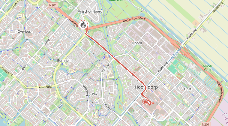 Kaart van de omgeving van de melding, met de kazerne die is gealarmeerd