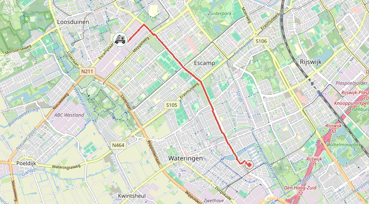 Kaart van de omgeving van de melding, met de kazerne die is gealarmeerd