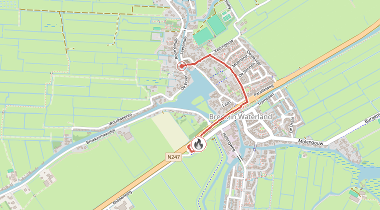 Kaart van de omgeving van de melding, met de kazerne die is gealarmeerd
