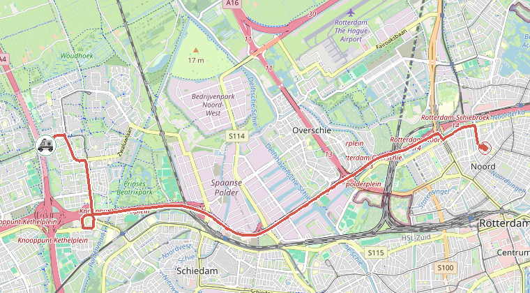 Kaart van de omgeving van de melding, met de kazerne die is gealarmeerd