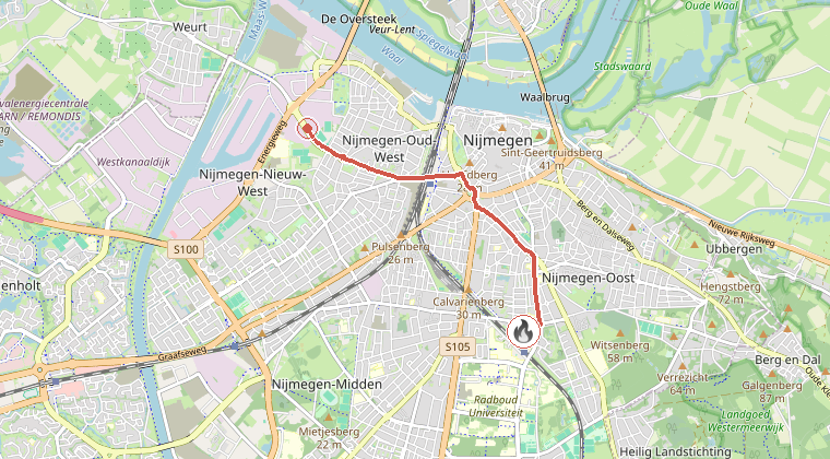 Kaart van de omgeving van de melding, met de kazerne die is gealarmeerd