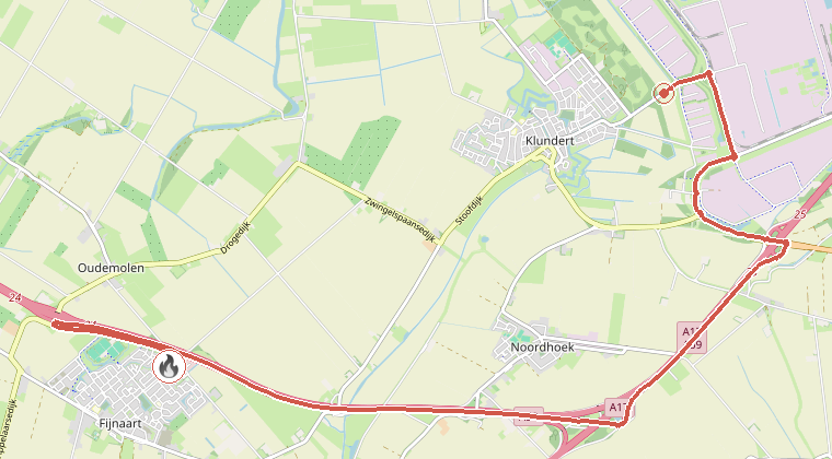Kaart van de omgeving van de melding, met de kazerne die is gealarmeerd