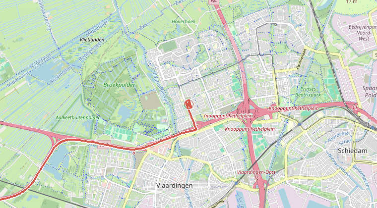 Kaart van de omgeving van de melding, met de kazerne die is gealarmeerd