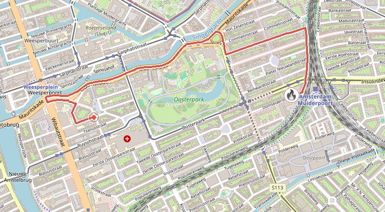 Kaart van de omgeving van de melding, met de kazerne die is gealarmeerd