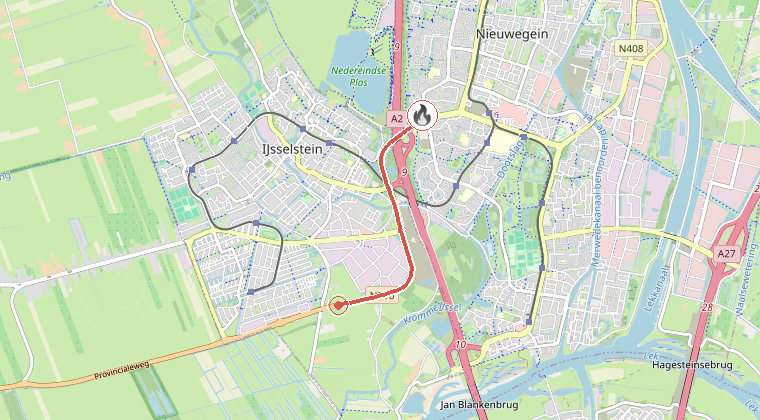 Kaart van de omgeving van de melding, met de kazerne die is gealarmeerd