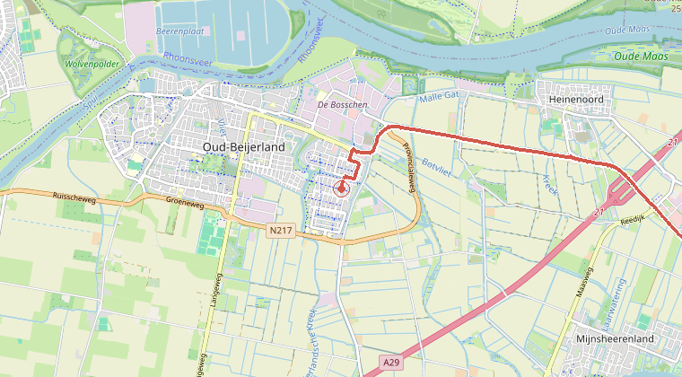 Kaart van de omgeving van de melding, met de kazerne die is gealarmeerd
