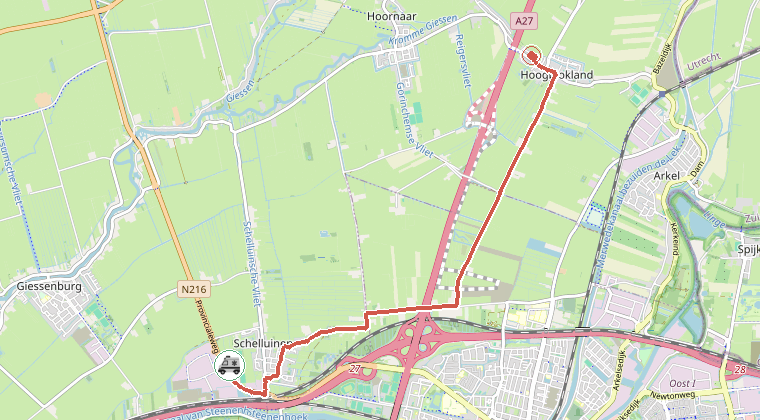 Kaart van de omgeving van de melding, met de kazerne die is gealarmeerd