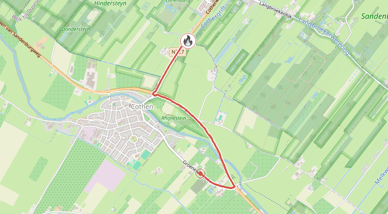 Kaart van de omgeving van de melding, met de kazerne die is gealarmeerd