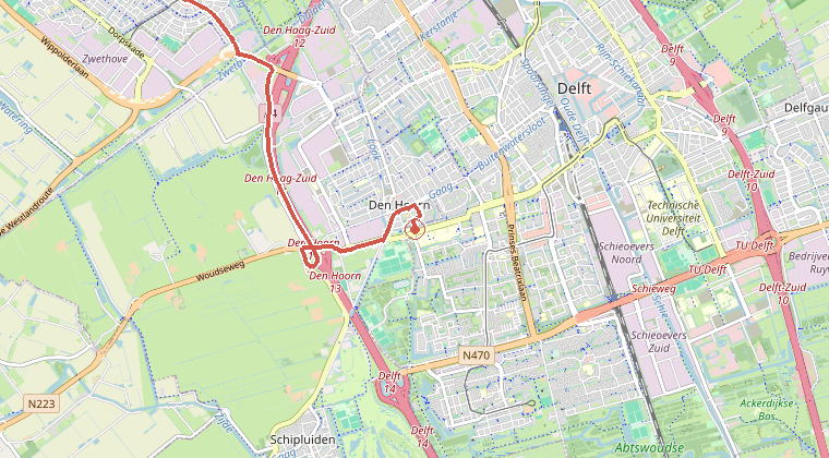 Kaart van de omgeving van de melding, met de kazerne die is gealarmeerd