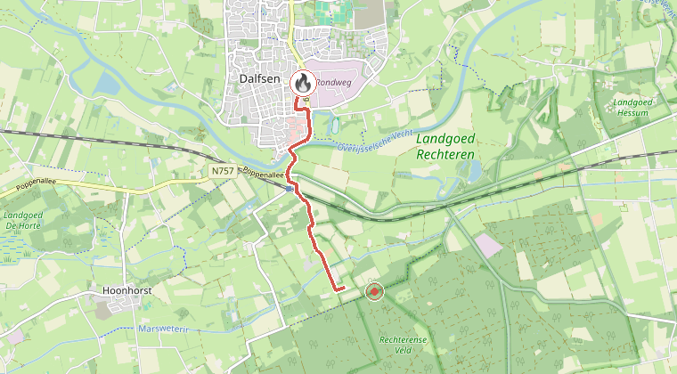 Kaart van de omgeving van de melding, met de kazerne die is gealarmeerd