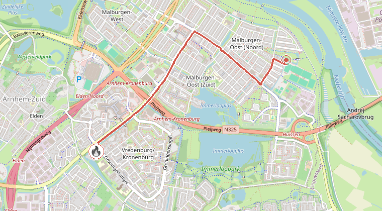 Kaart van de omgeving van de melding, met de kazerne die is gealarmeerd